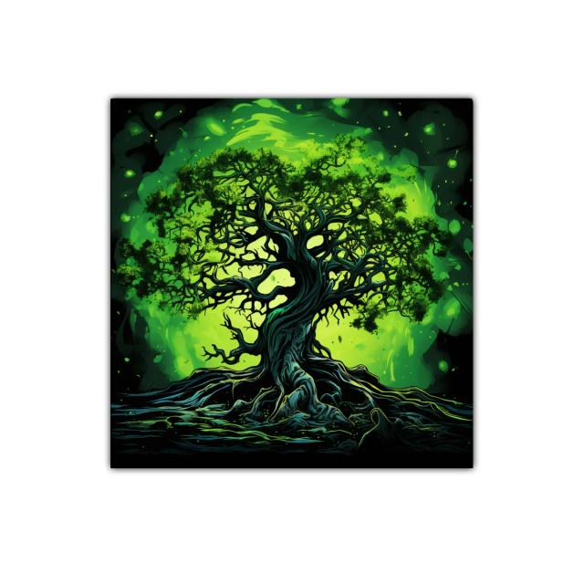 Árbol místico iluminado en tonos verdes vibrantes