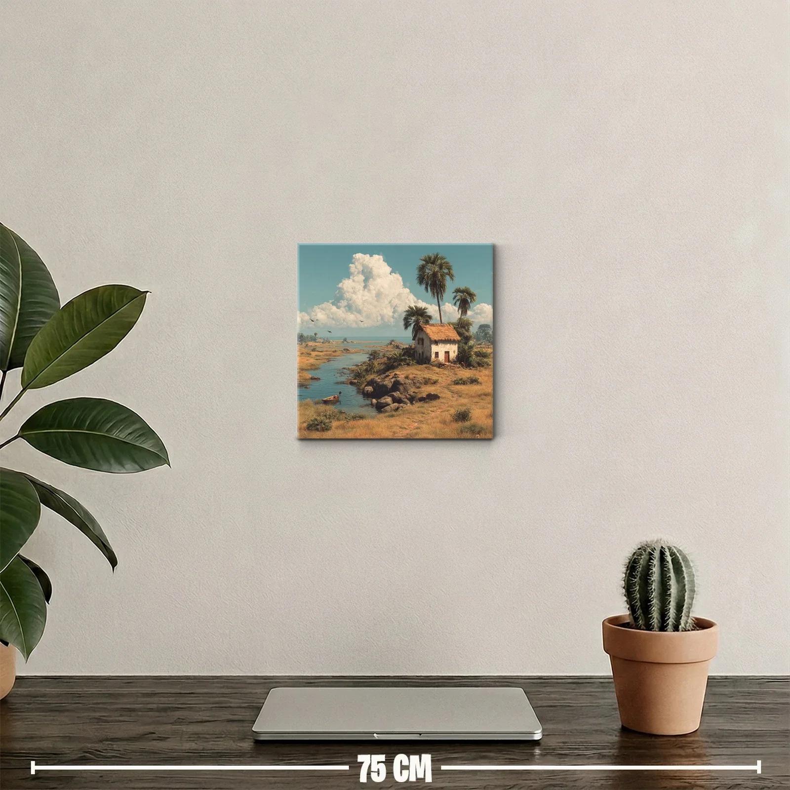 Paisaje rural con casa junto al río y palmeras altas — miniatura 2
