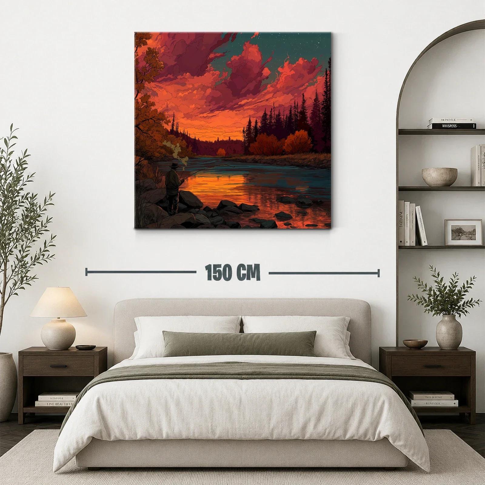 Puesta de sol vibrante en río con pescador solitario — miniatura 3