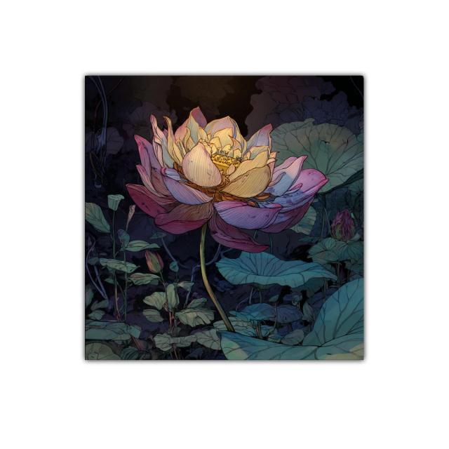 Flor luminosa entre hojas verdes en ambiente nocturno