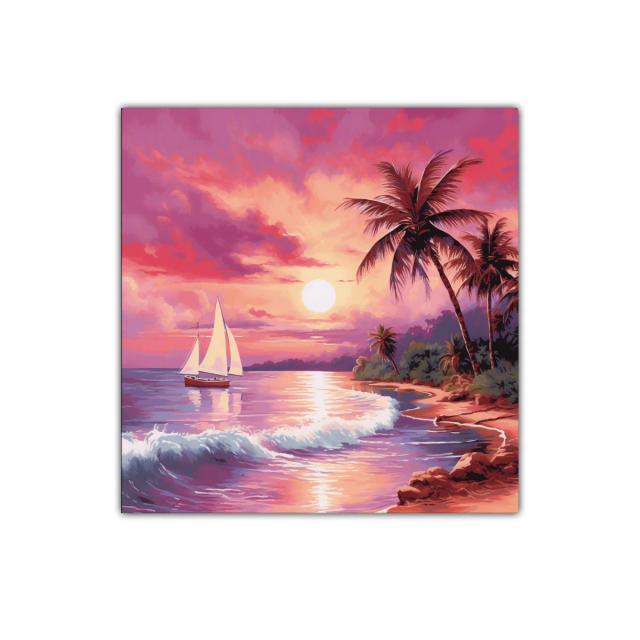 Atardecer tropical con velero en cielo vibrante