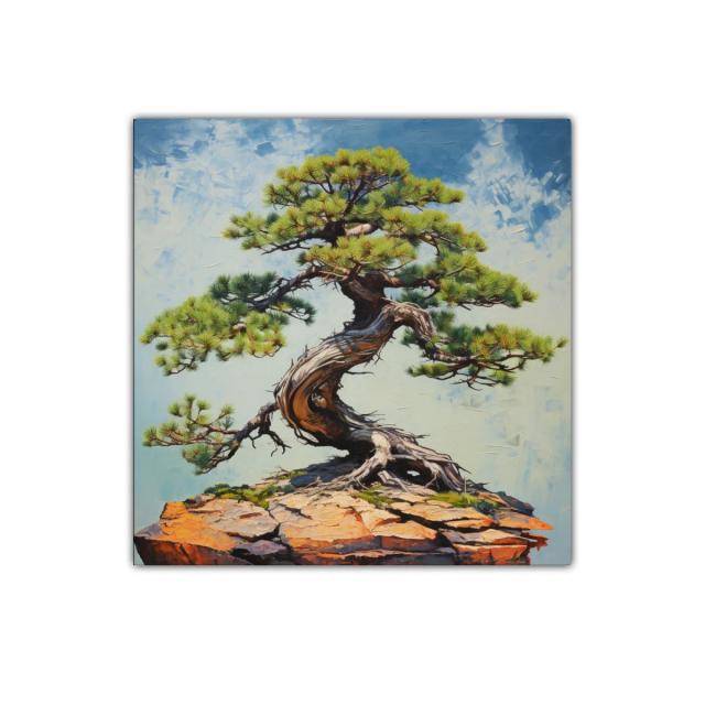 Cuadro con árbol bonsái en roca sobre fondo azul claro