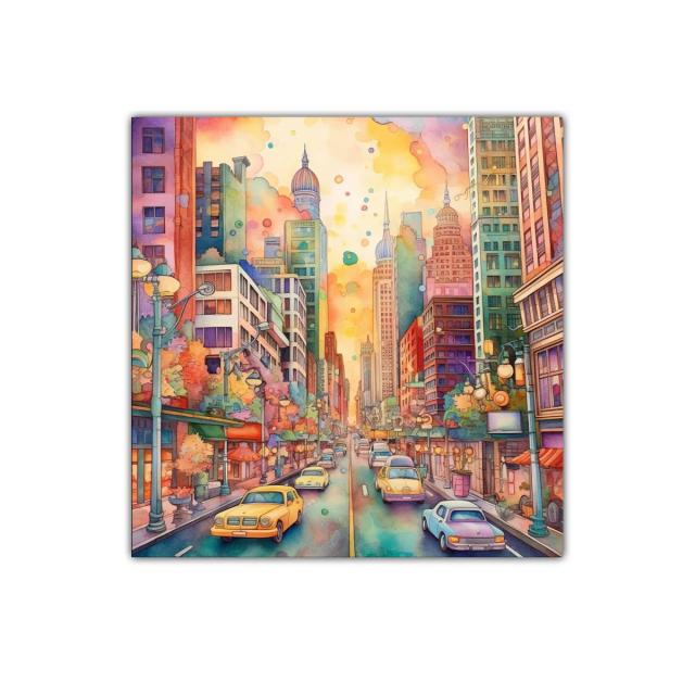 Paisaje urbano vibrante con coches clásicos y luces cálidas