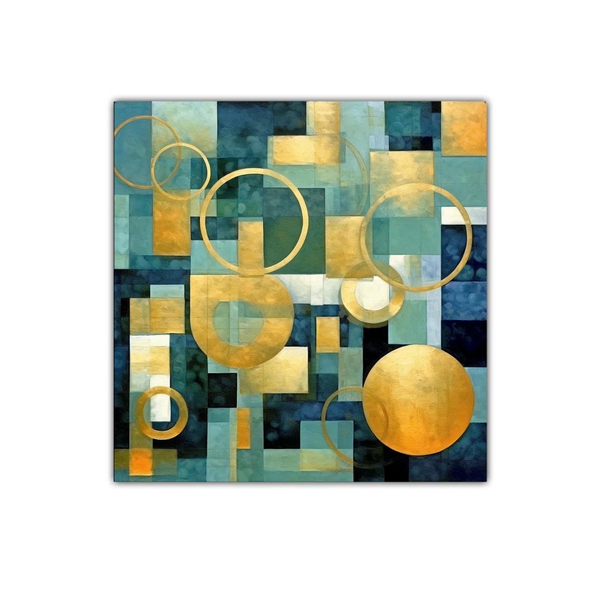 Cuadro decorativo con círculos dorados y formas geométricas