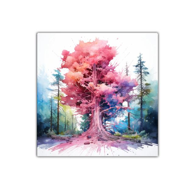Árbol vibrante con tonos rosas y azules en bosque místico