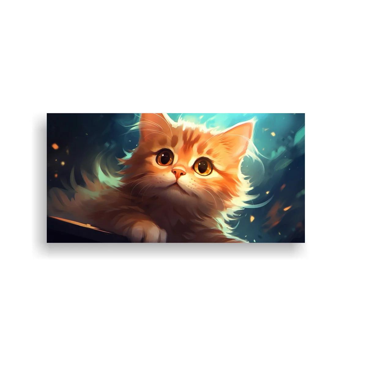 Cuadro gatito naranja de ojos grandes con fondo difuso luminoso