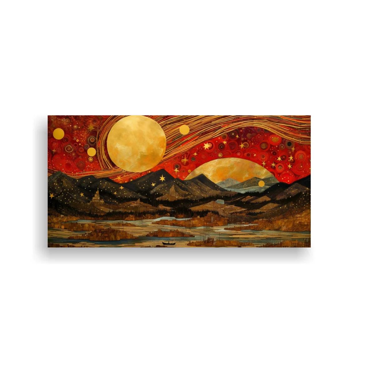Cuadro paisaje montañoso con luna llena y cielo estrellado dorado