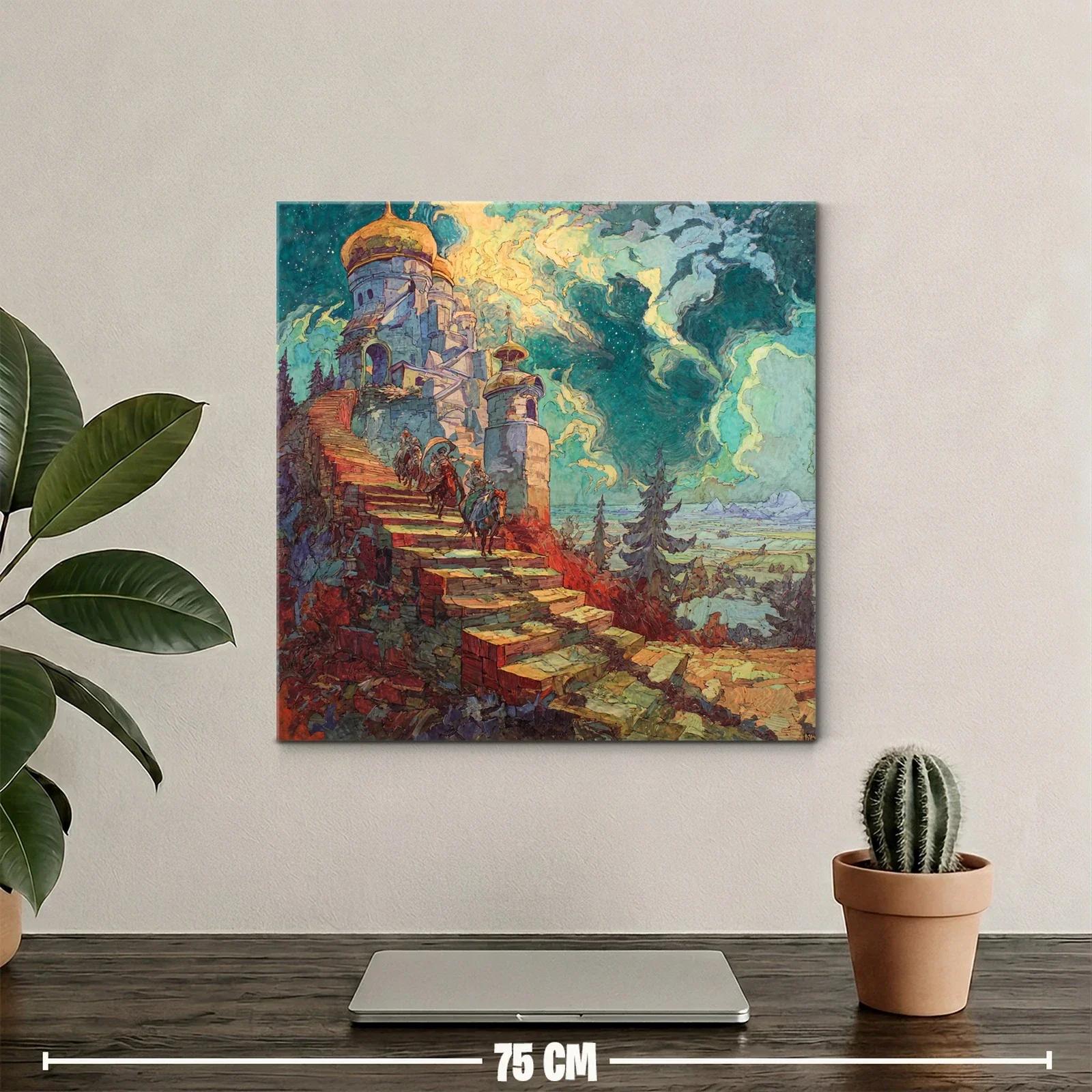 Caballeros ascendiendo a castillo bajo un cielo nocturno estrellado — miniatura 2