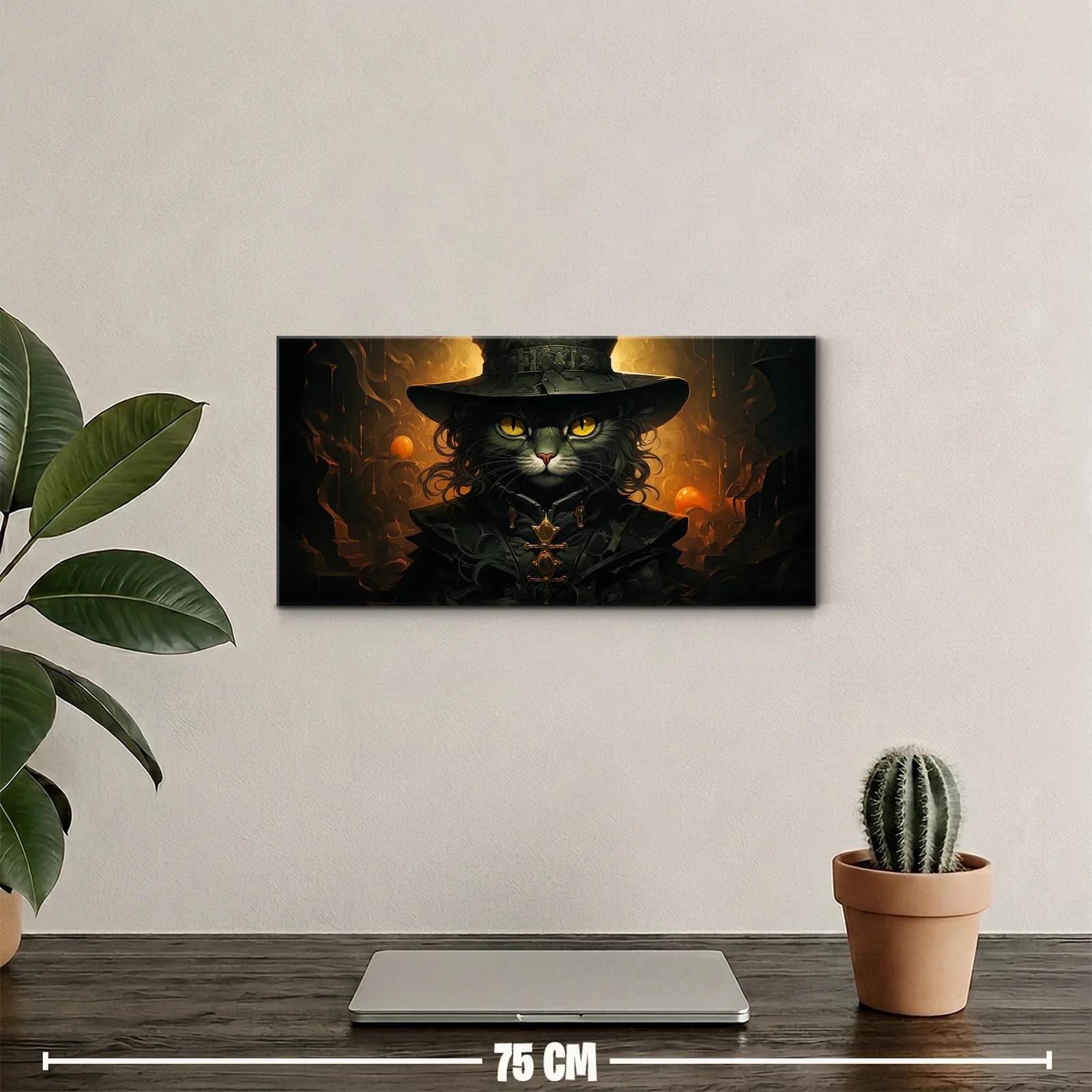 Cuadro gato negro con sombrero de bruja y luces ámbar — miniatura 2