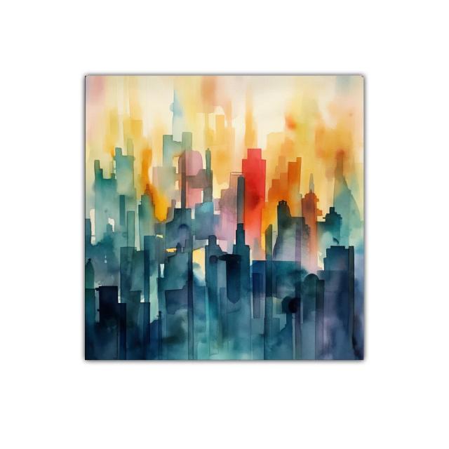 Ciudad abstracta llena de colores vibrantes y contrastes intensos