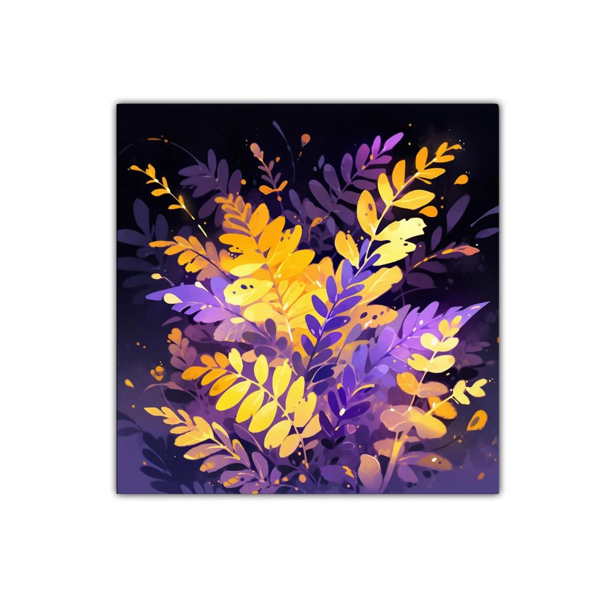Cuadro decorativo de hojas vibrantes en tonos amarillos y púrpuras — imagen principal