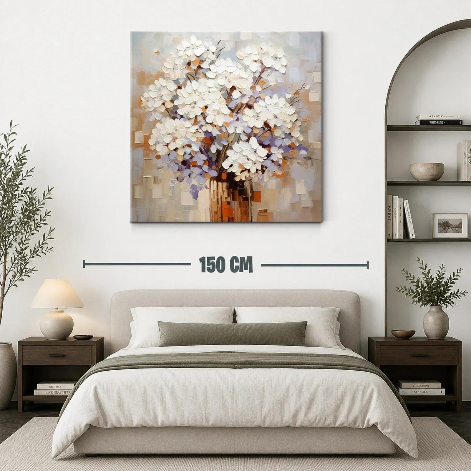 Cuadro moderno con ramo de flores blancas y tonos cálidos — miniatura 3