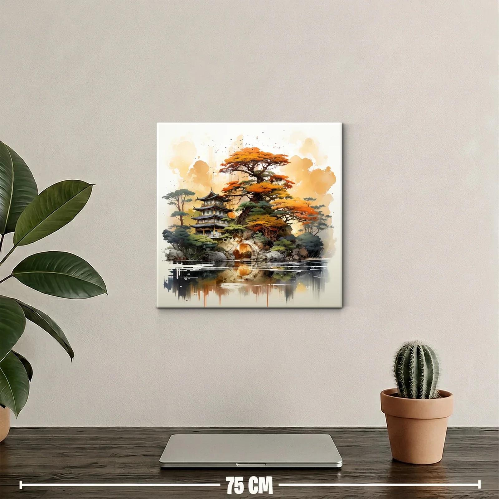 Paisaje asiático con árboles otoñales y templo tradicional — miniatura 2