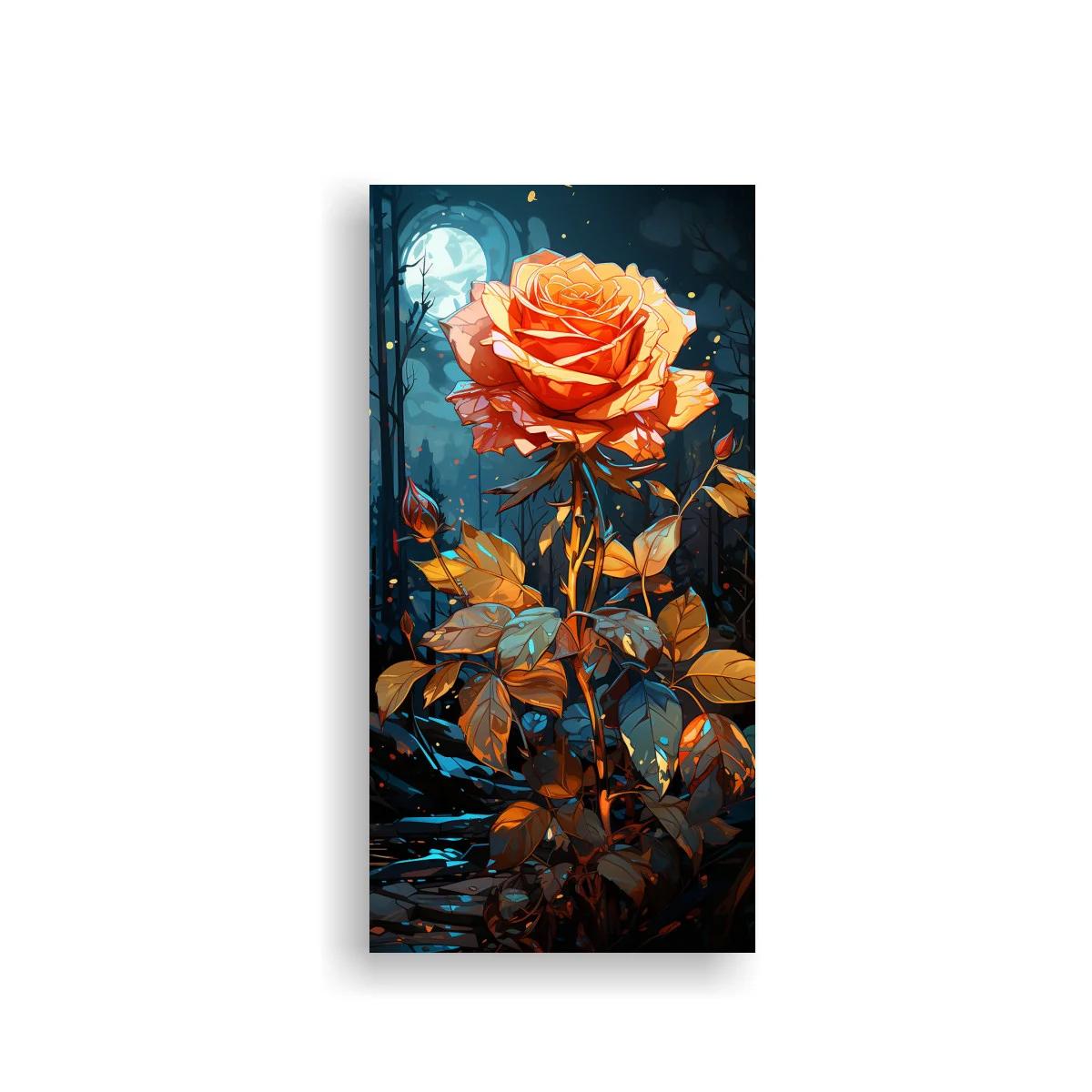 Cuadro rosa naranja con capullo y hojas turquesa