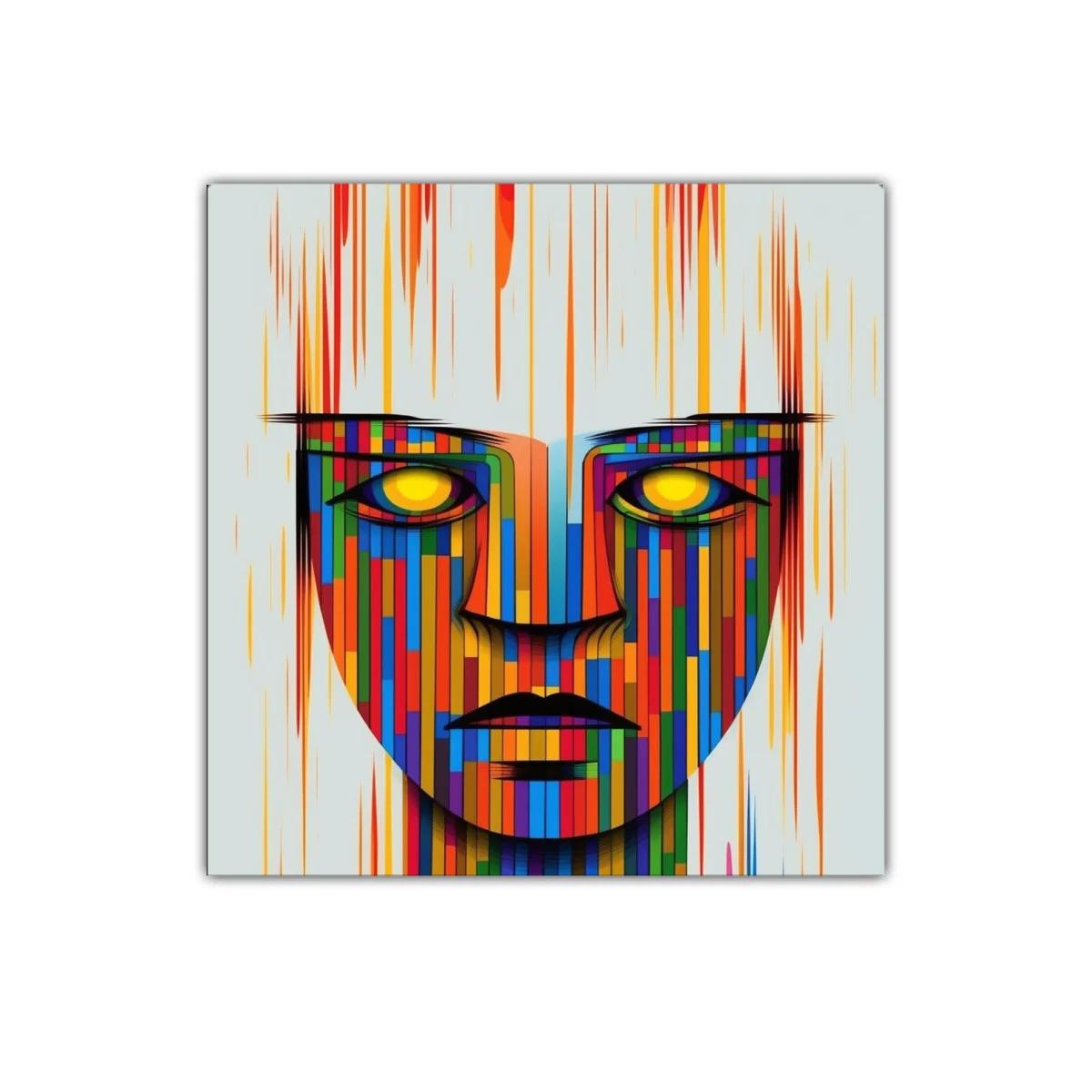 Rostro geométrico con colores vibrantes y mirada intensa