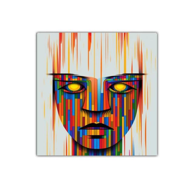 Rostro geométrico con colores vibrantes y mirada intensa