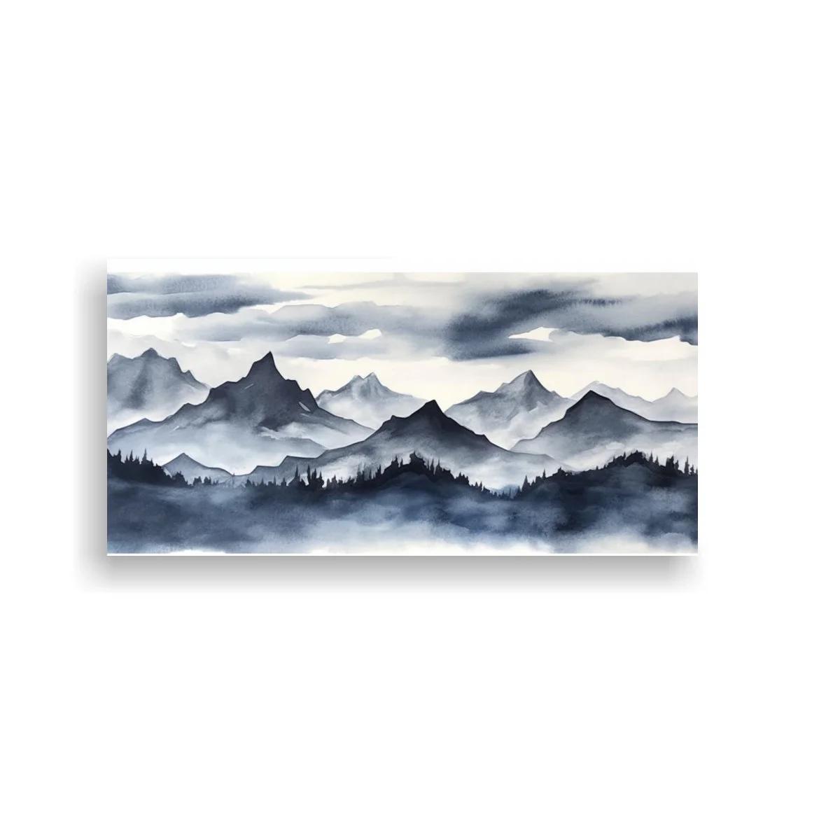 Cuadro cordillera de montañas con niebla envolvente
