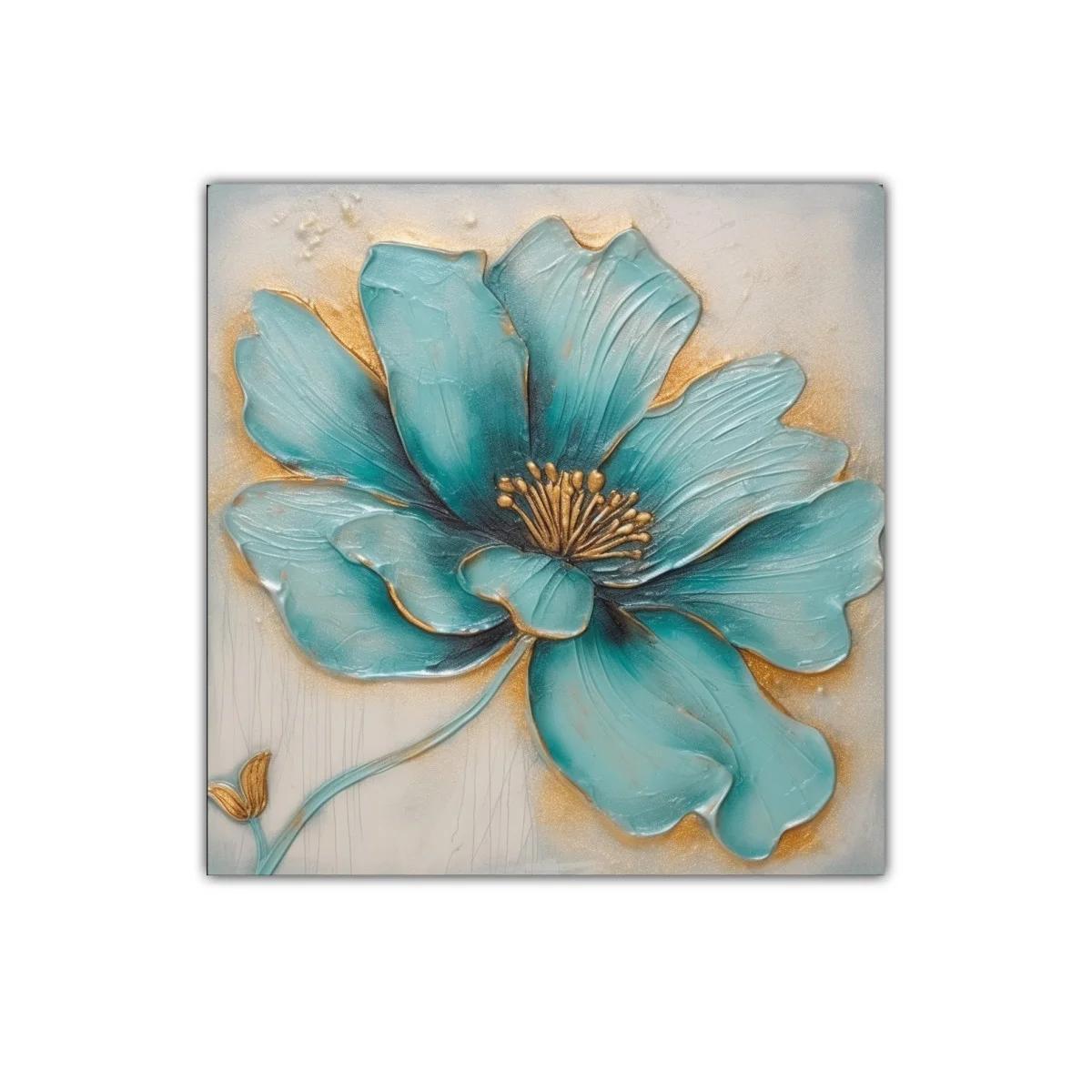Cuadro decorativo con flor azul y detalles dorados