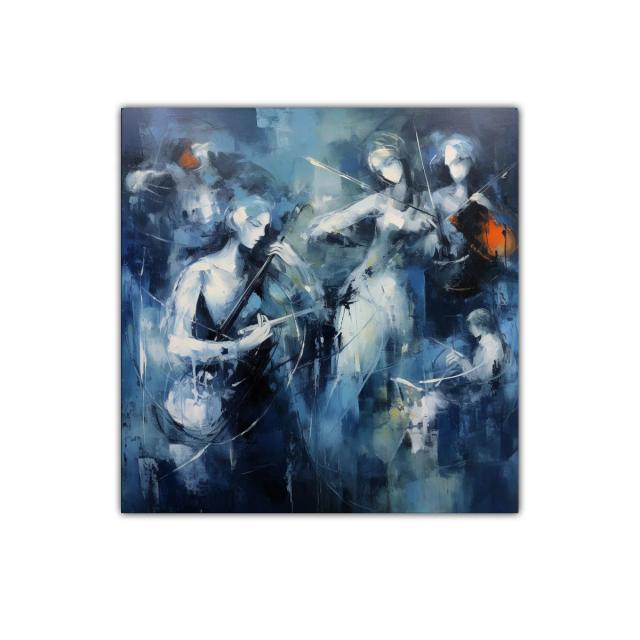 Cuadro con músicos tocando violines en tonos azules y toques naranjas