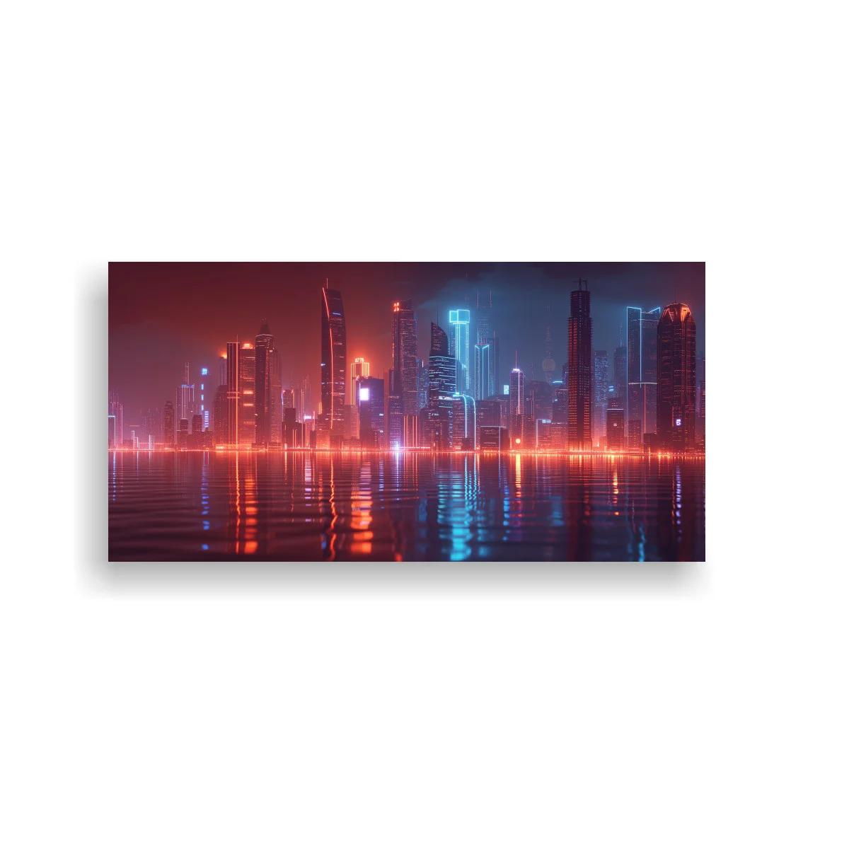 Cuadro skyline urbano neón con reflejo sobre el agua