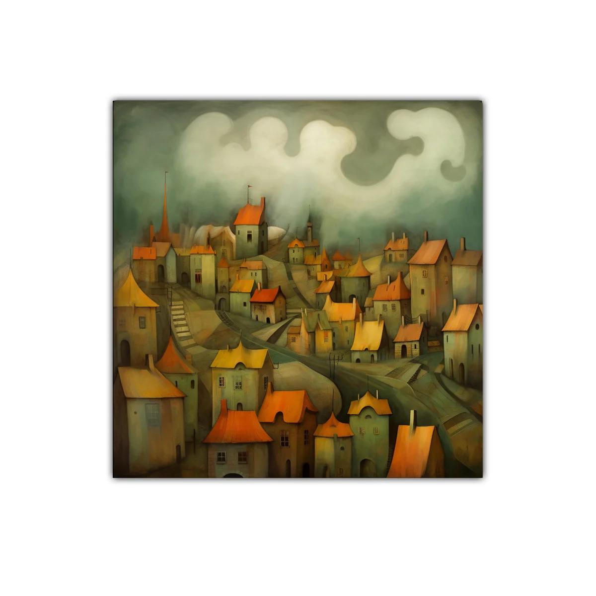 Pueblo Encantado con Tejados Naranjas y Niebla Suave — imagen principal