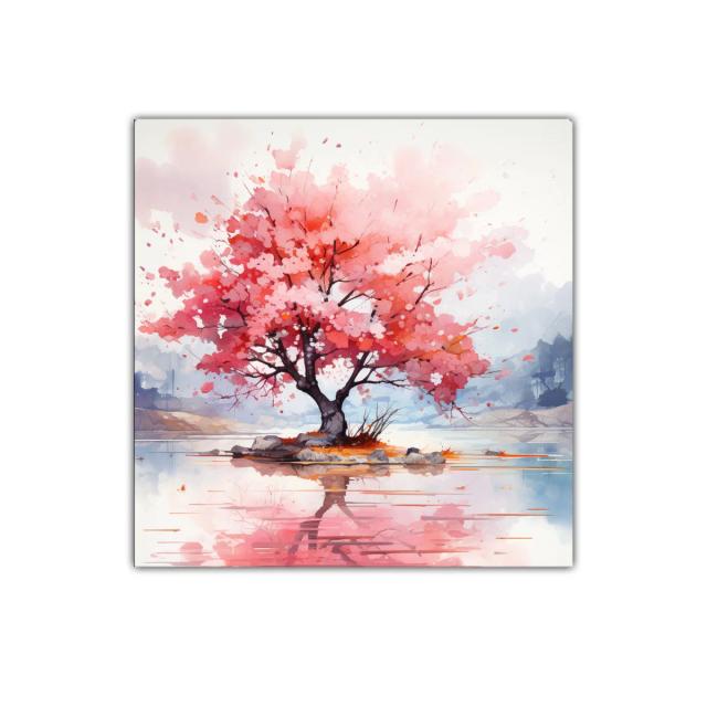 Árbol en flor rosa con reflejo en agua tranquila