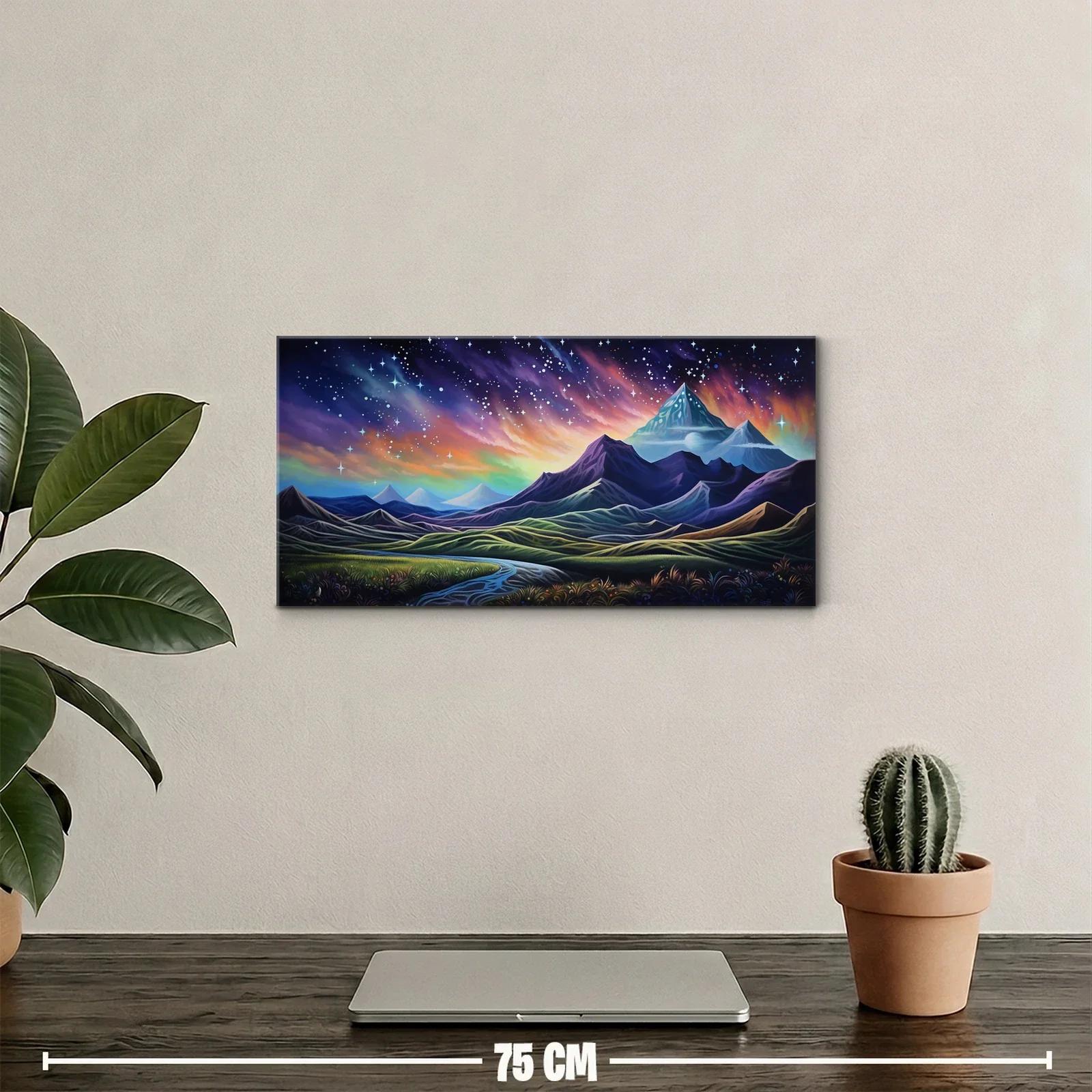 Cuadro paisaje de montañas bajo aurora boreal con riachuelo — miniatura 2