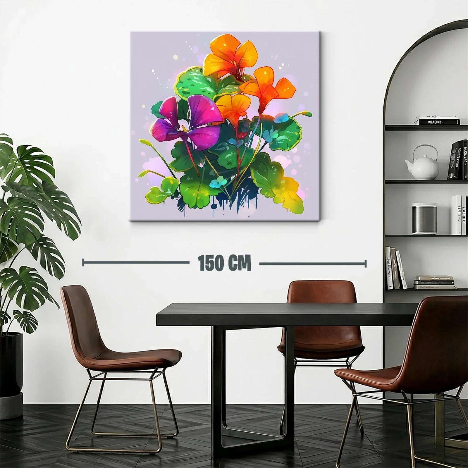 Cuadro floral vibrante con tonos naranjas y púrpuras — miniatura 2