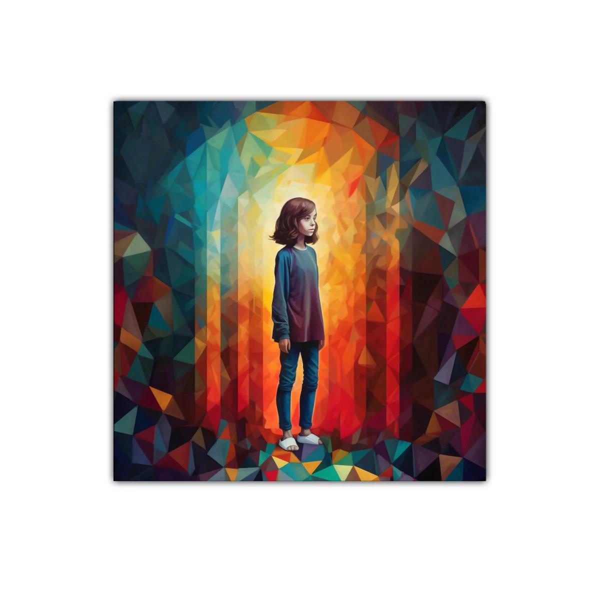 Cuadro con figura infantil en paisaje geométrico de colores vivos — imagen principal