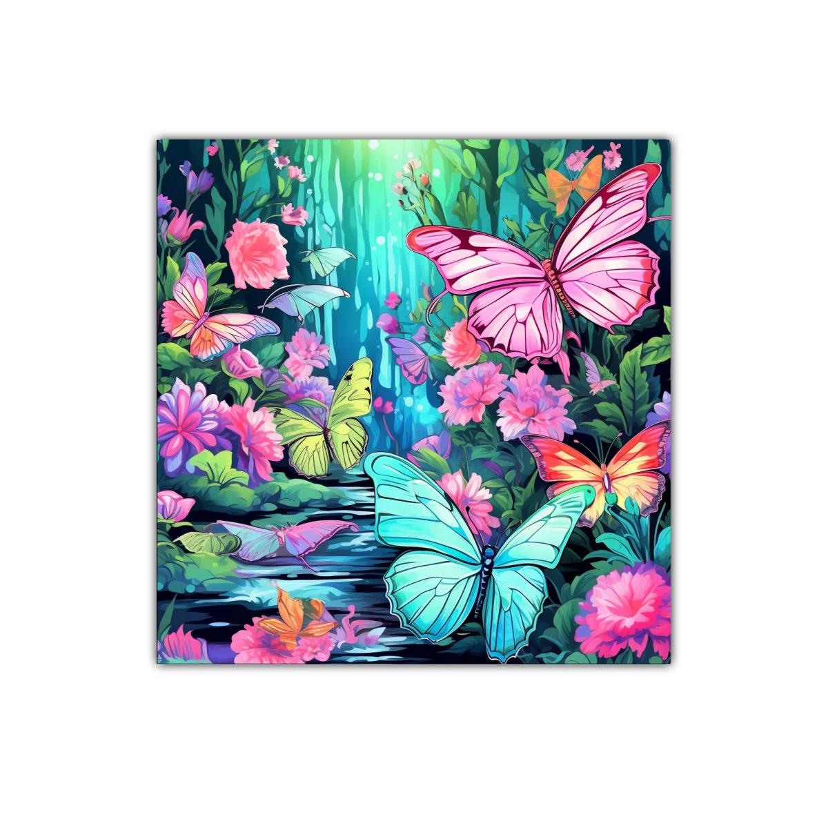 Cuadro decorativo de mariposas y flores coloridas en bosque mágico