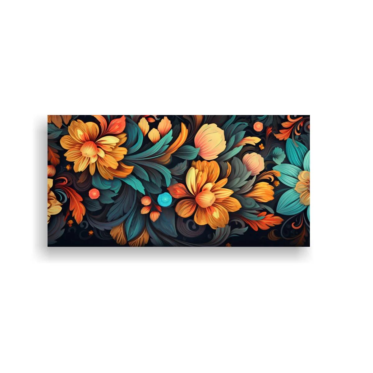 Cuadro flores anaranjadas y turquesa con bayas rojas