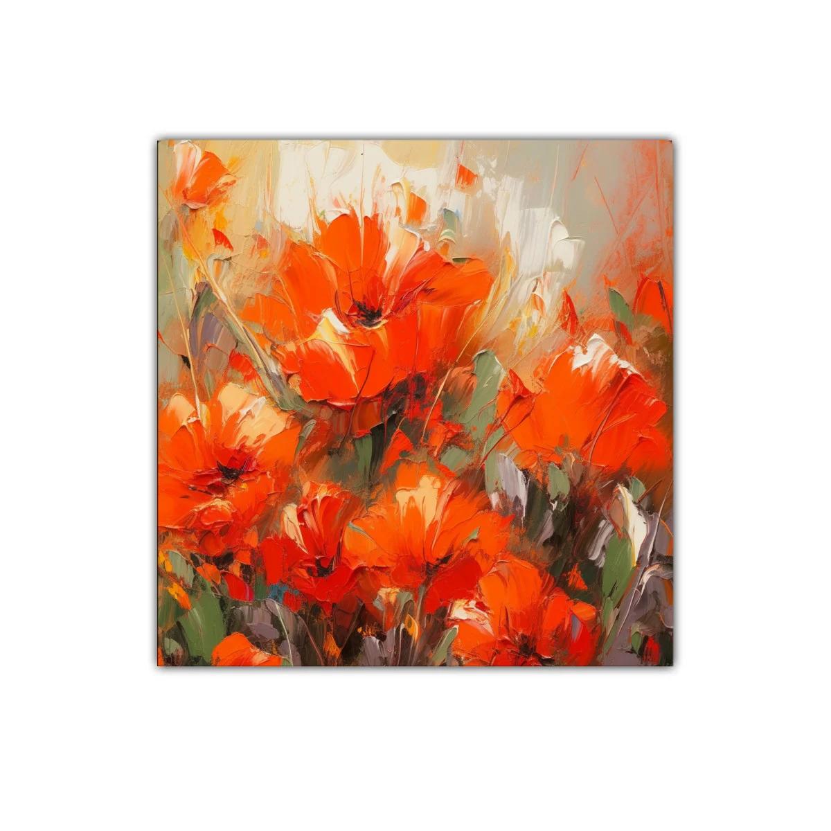 Cuadro con vibrantes amapolas naranjas en ambiente cálido — imagen principal