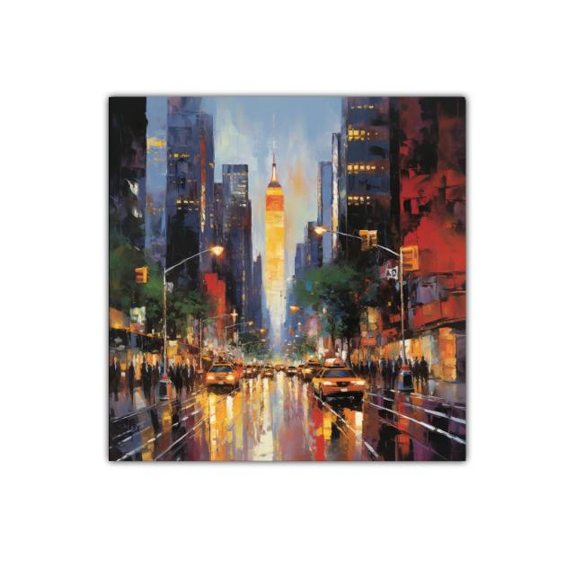 Atardecer urbano en ciudad iluminada con taxis y rascacielos