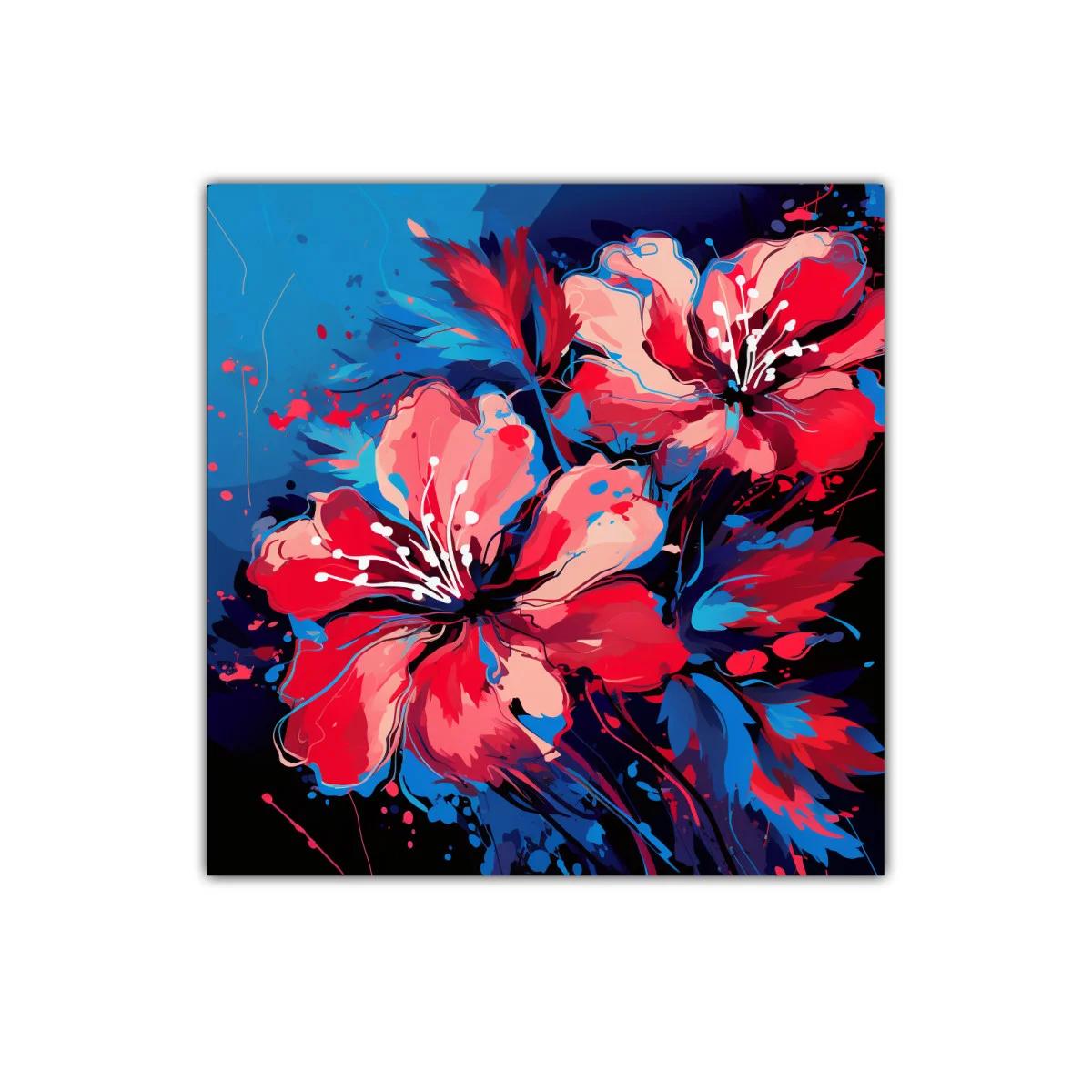 Vibrantes flores rojas con toques azules sobre fondo oscuro — imagen principal