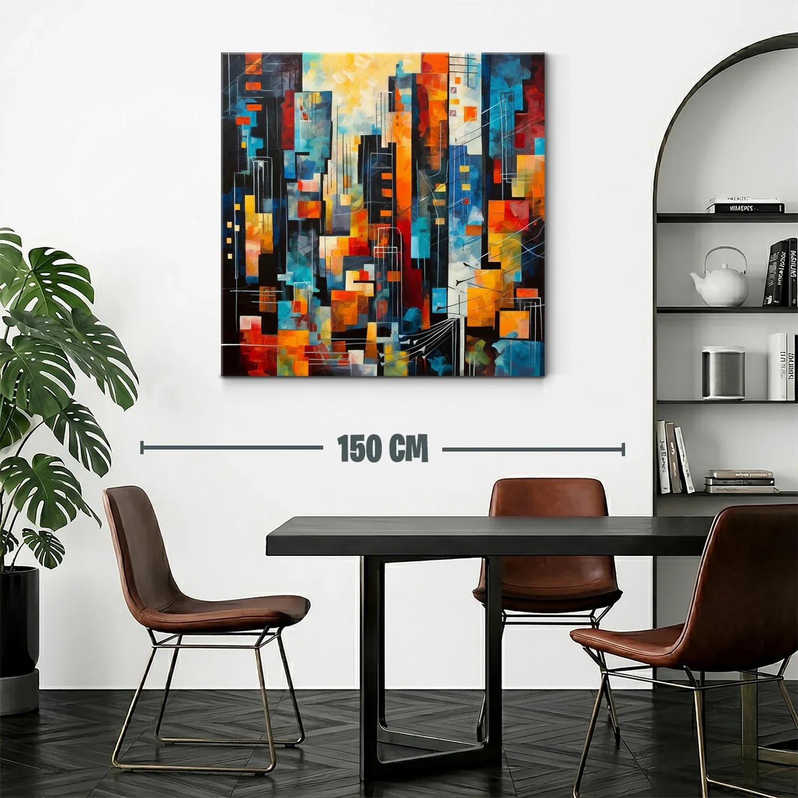 Cuadro abstracto con vibrante ciudad en tonos cálidos y fríos — miniatura 2