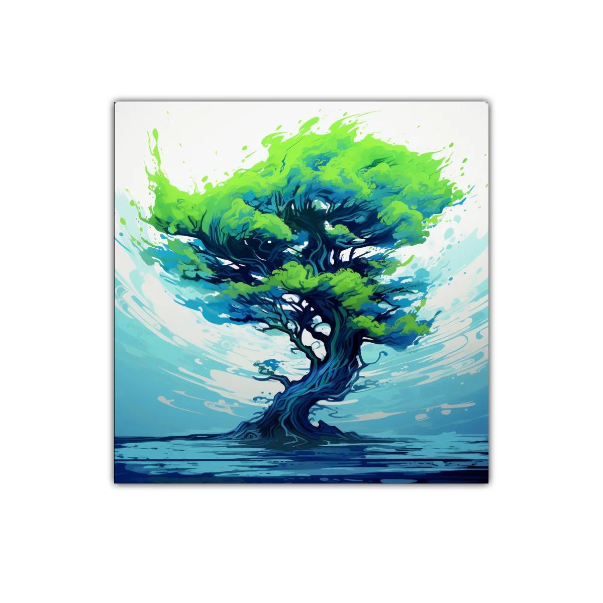 Árbol vibrante con tonos azules y verdes impactantes