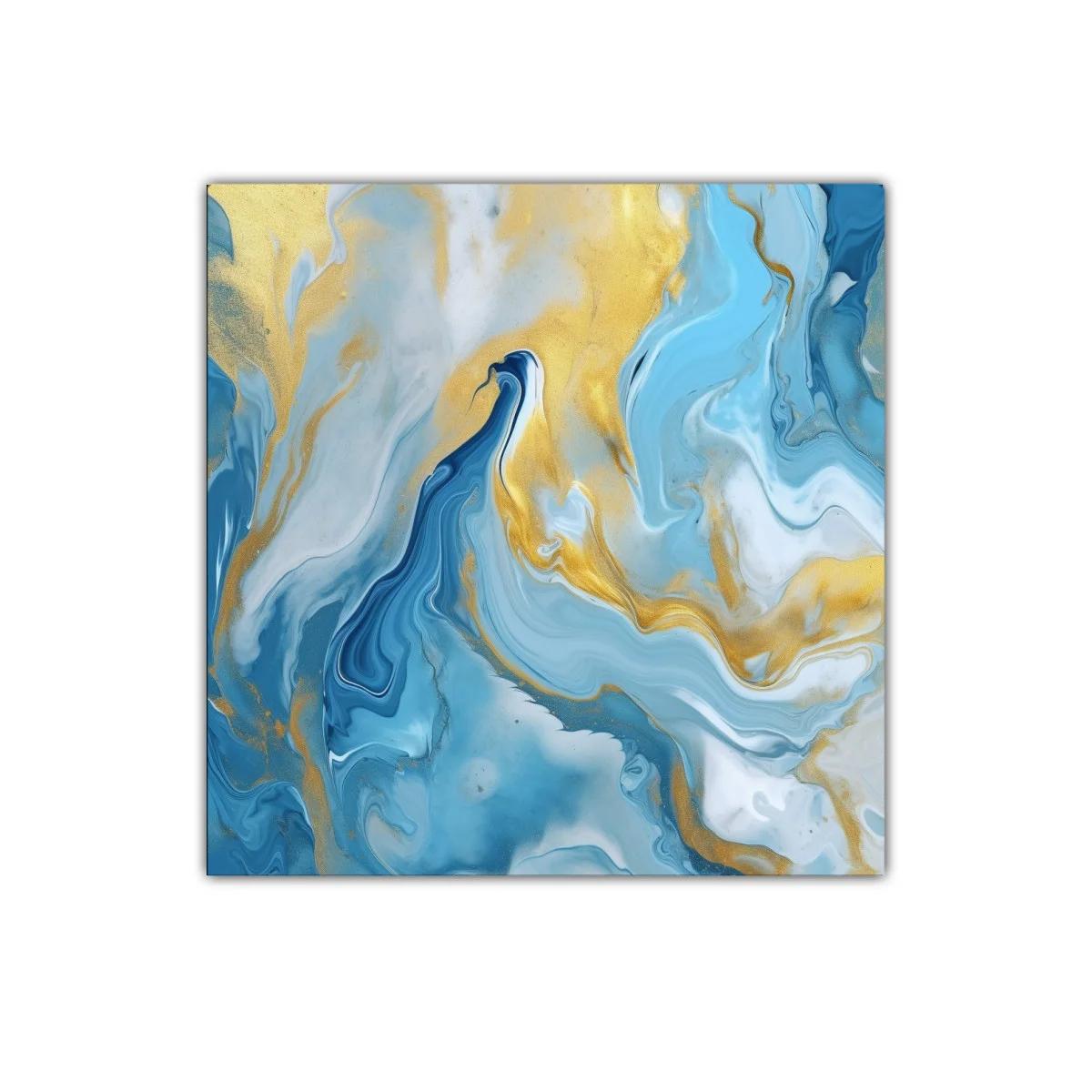 Cuadro abstracto con tonos azules y dorados vibrantes