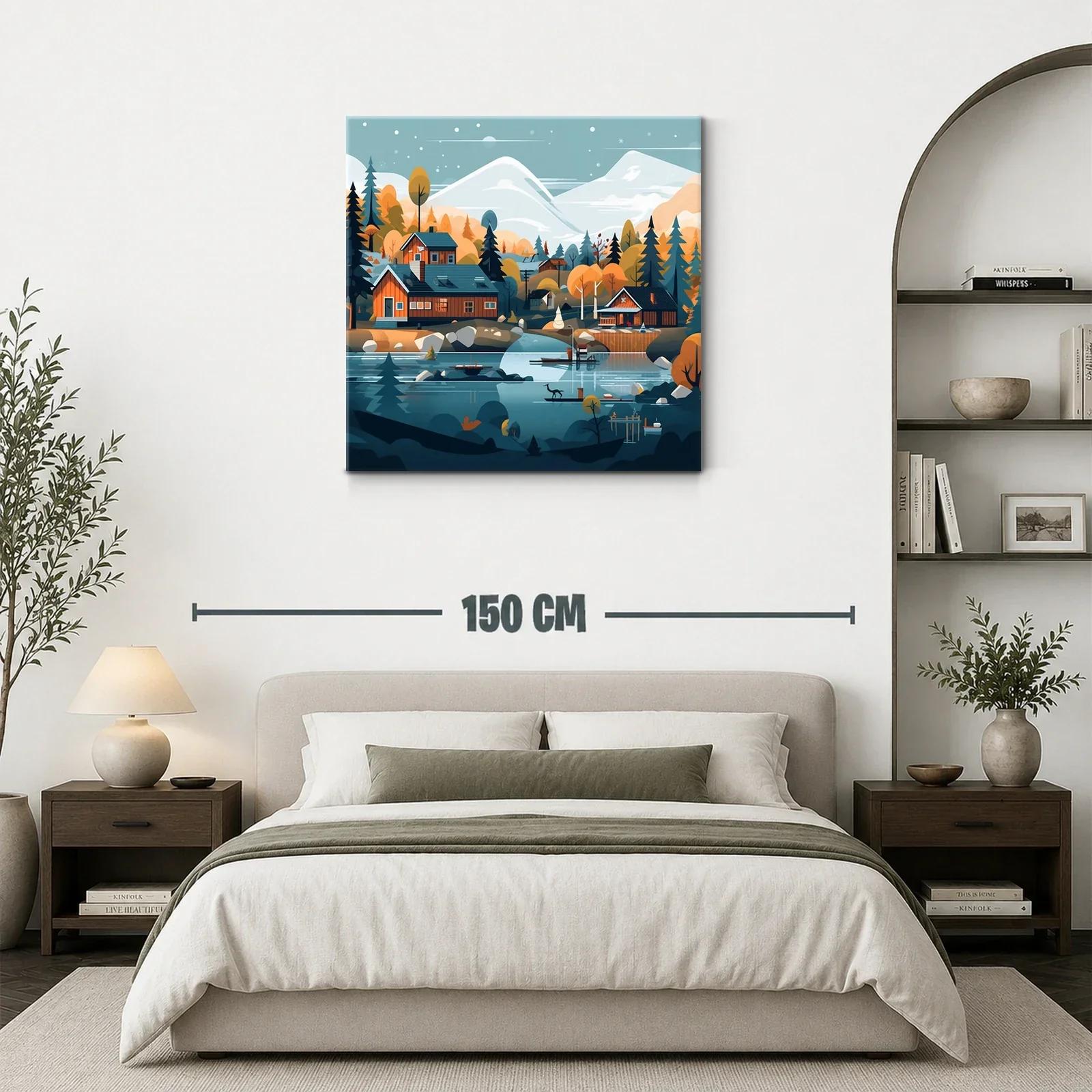 Paisaje sereno de cabañas junto al lago y montañas nevadas — miniatura 3