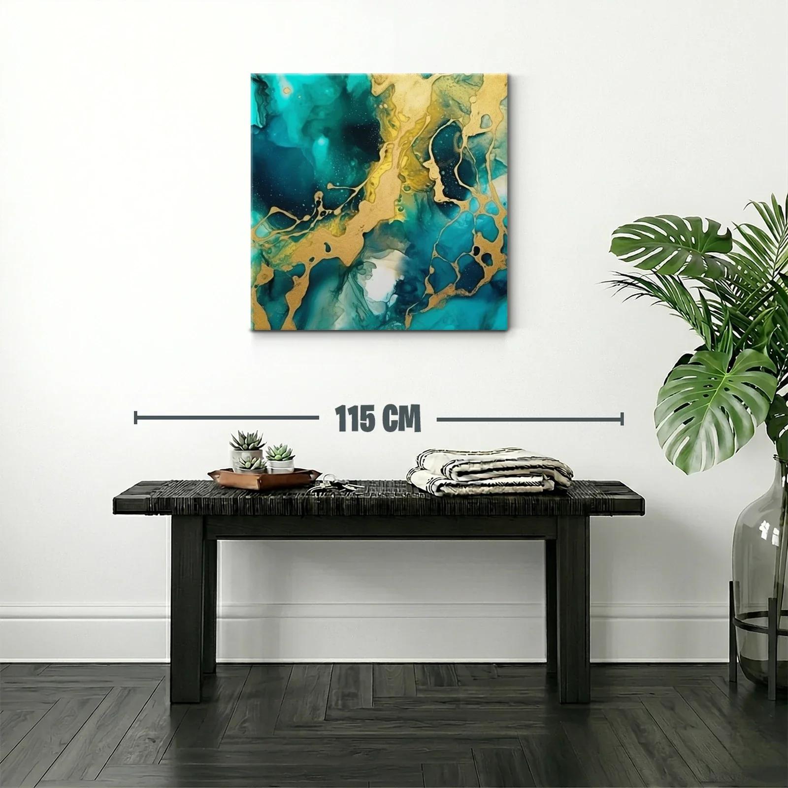 Cuadro abstracto con tonos turquesa y dorados vibrantes — miniatura 2