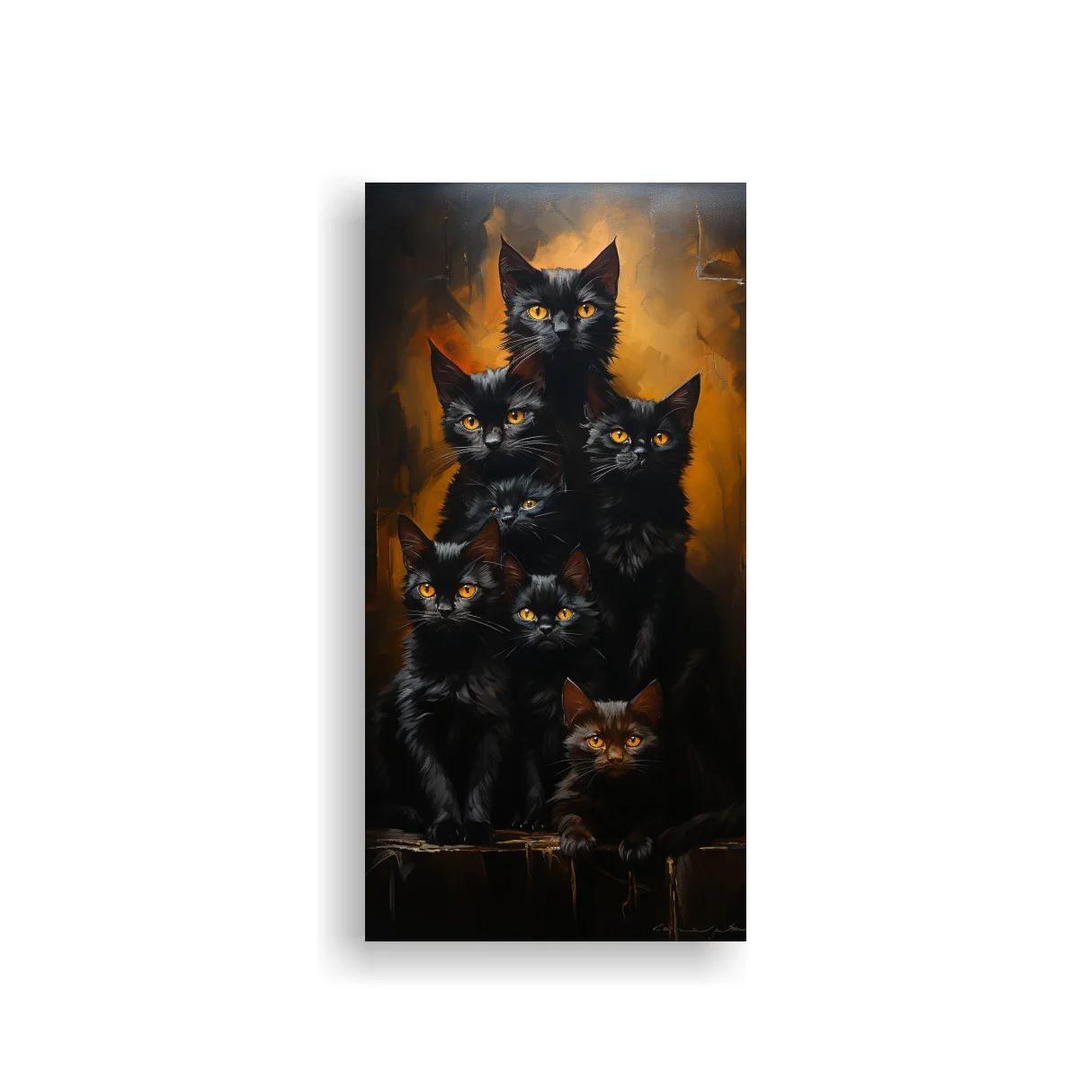 Cuadro grupo de gatos negros sobre fondo anaranjado
