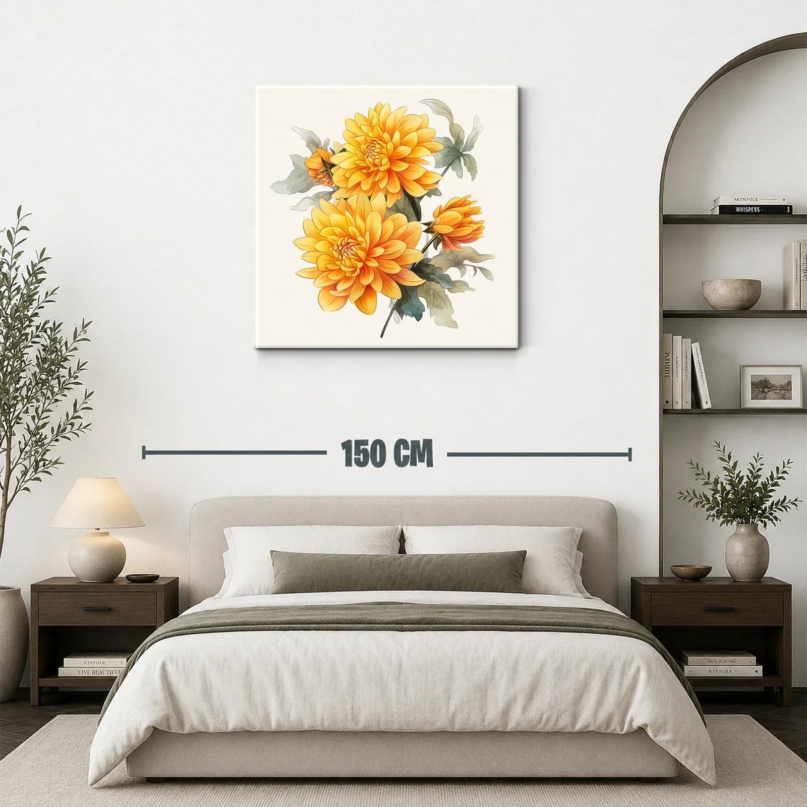 Cuadro floral con dalias en tonos cálidos y hojas verdes — miniatura 3