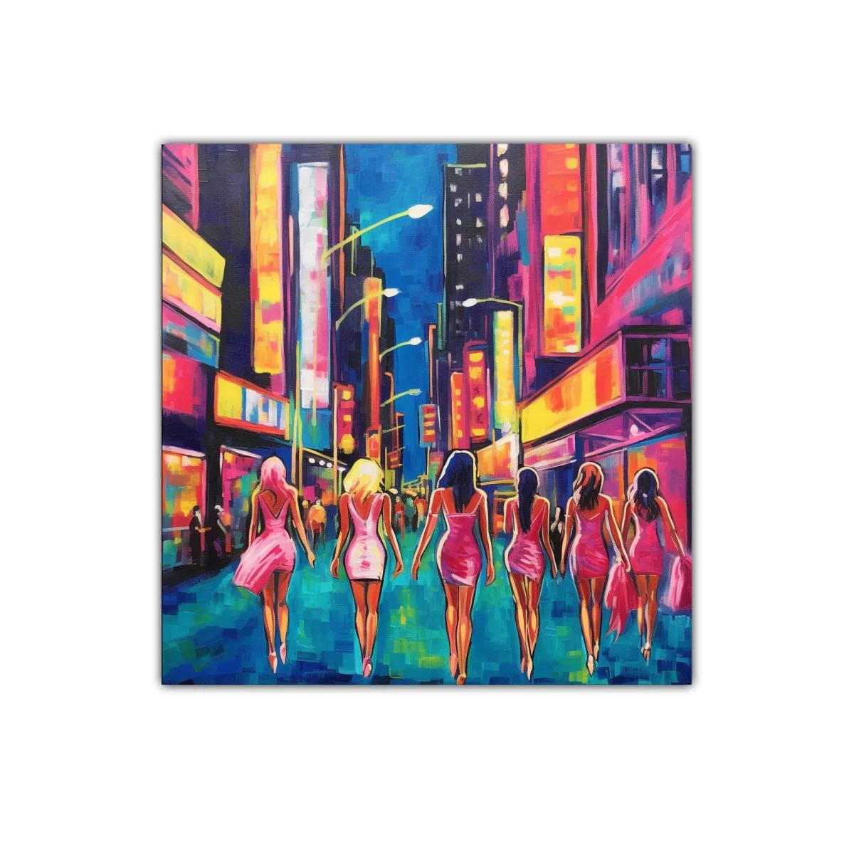 Mujeres en la ciudad de luces y colores vibrantes