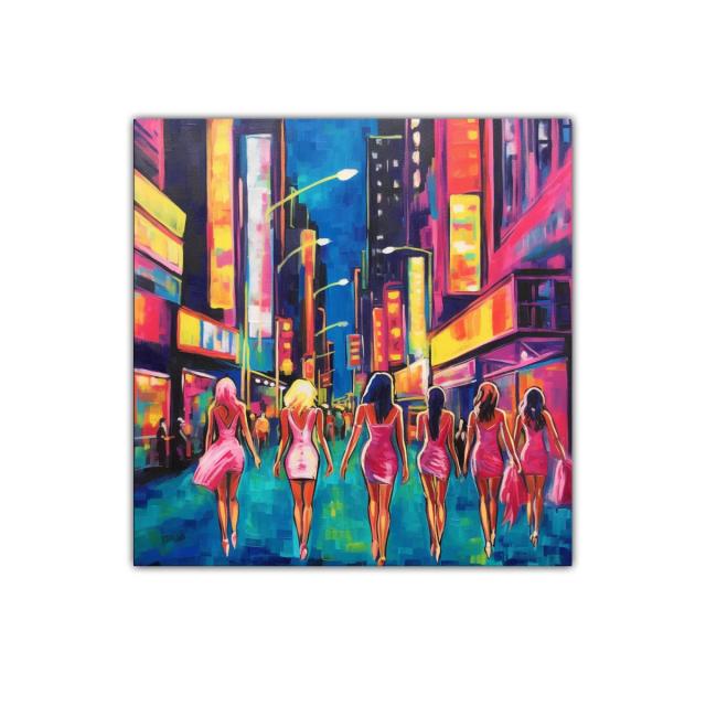Mujeres en la ciudad de luces y colores vibrantes