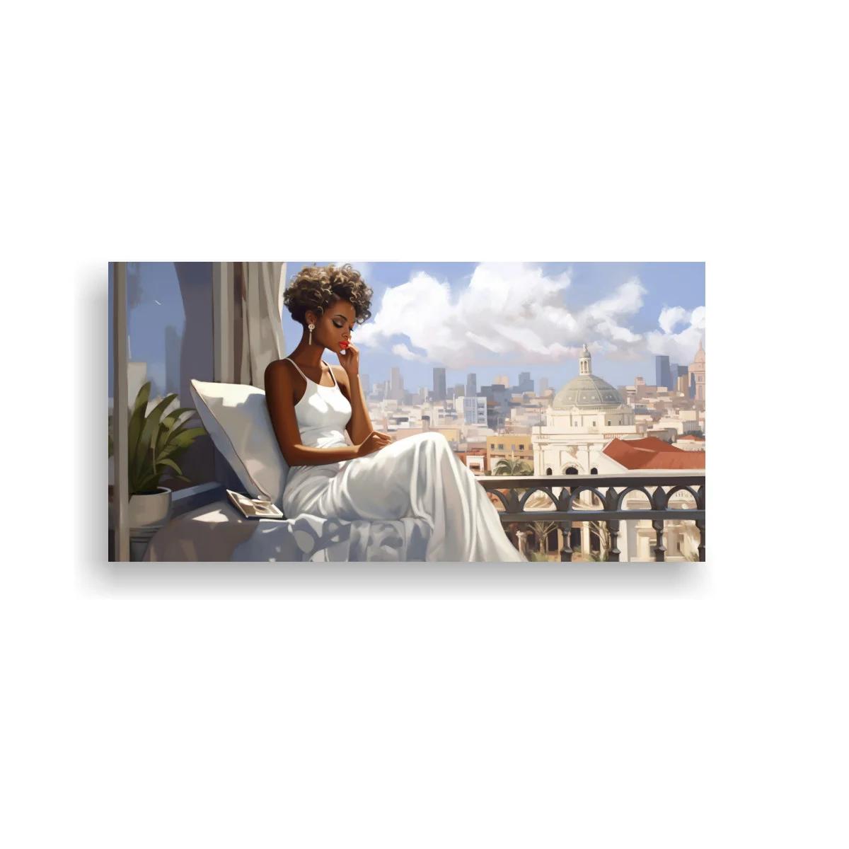 Cuadro mujer sentada junto a la ventana con chaise longue