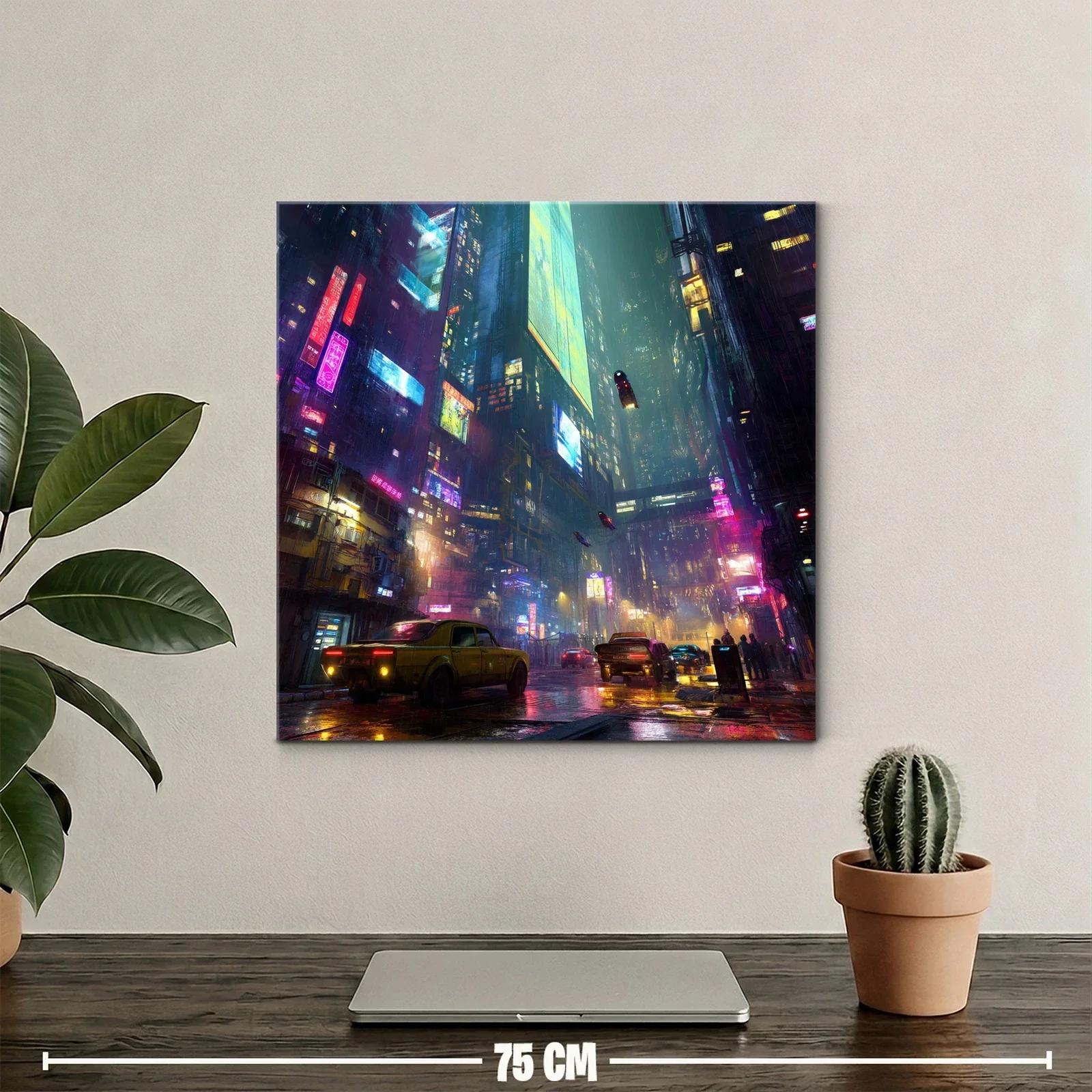Ciudad futurista nocturna con luces de neón y tráfico urbano — miniatura 2