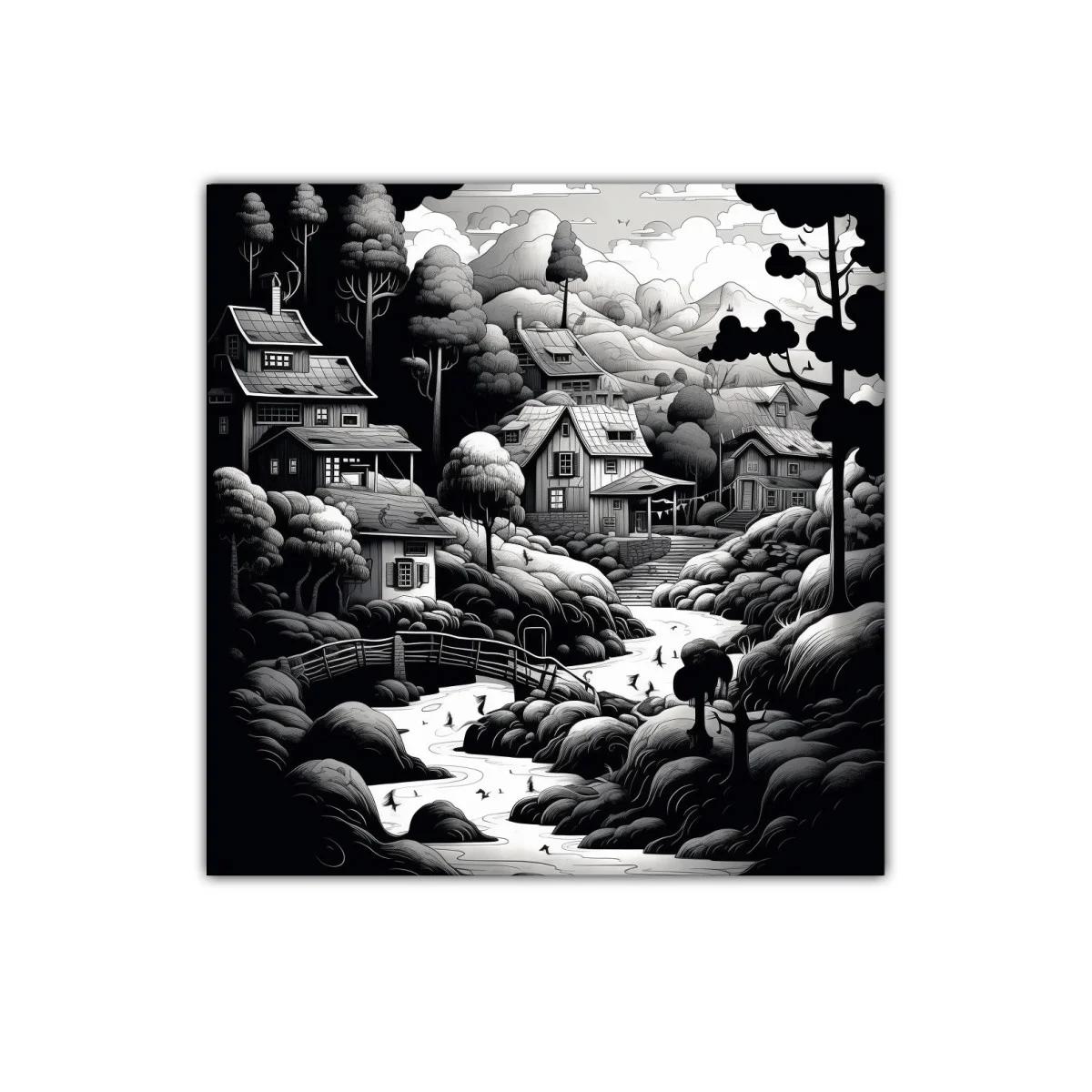 Paisaje rural en blanco y negro con casas y río serpenteante
