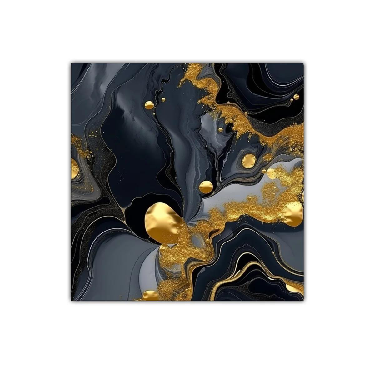 Arte abstracto con fluidez en negro y detalles dorados