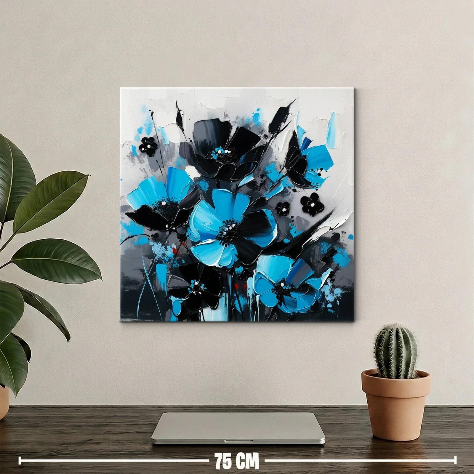 Cuadro floral moderno en tonos azul y negro vibrante — miniatura 2