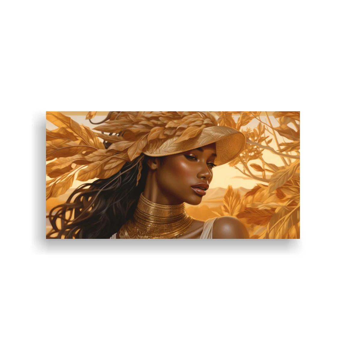 Cuadro mujer con sombrero y hojas doradas — imagen principal