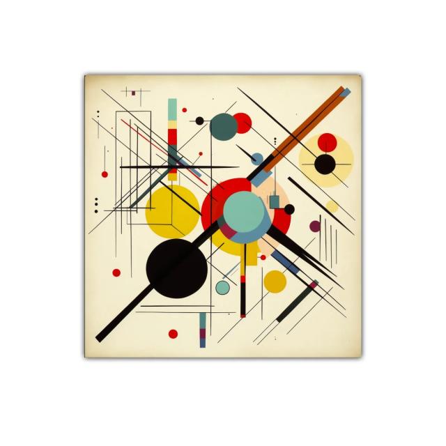 Cuadro abstracto con líneas y círculos geométricos vibrantes